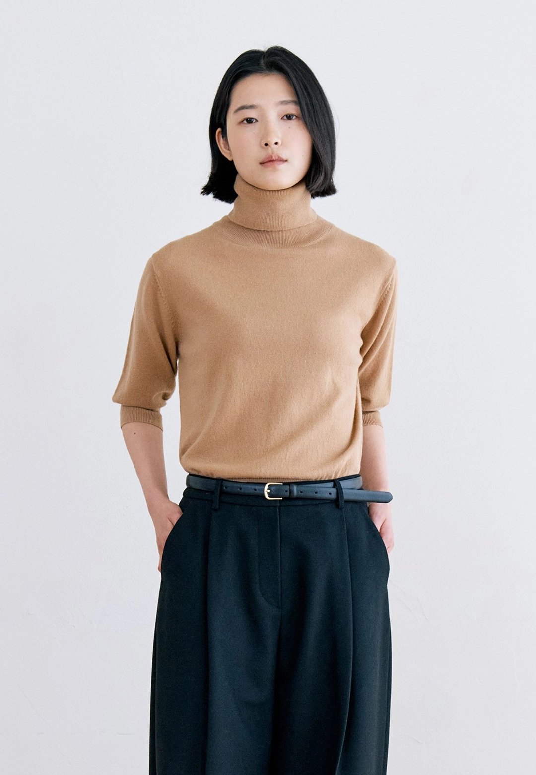 노티아 WOOL100 TURTLE NECK HALF KNIT - BEIGE 상품 이미지 2