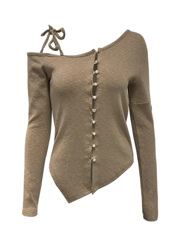 ASYMMETRICAL BEAN BUTTON CARDIGAN BEIGE