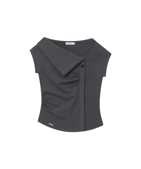 Folding collar shirring top CHARCOAL