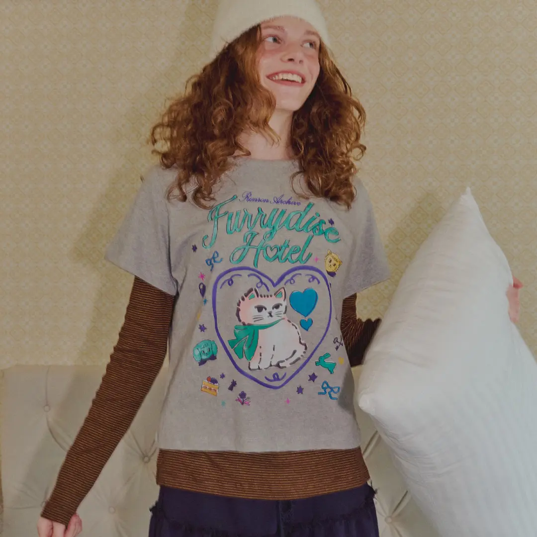 론론 CRAYON FURRY CAT LAYERED LONG SLEEVE GREY 상품 이미지 2