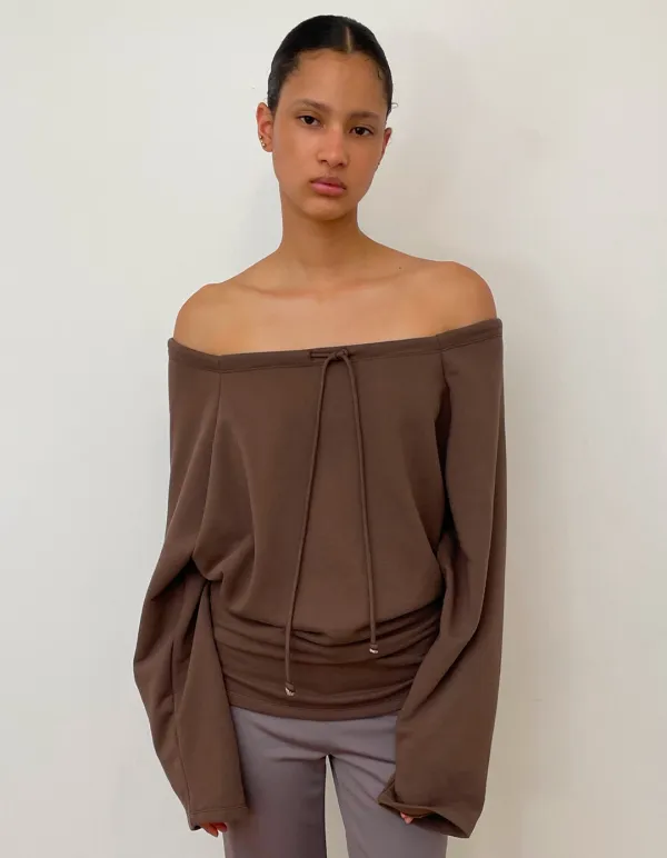 SQUARE OFF-SHOULDER TOP, BROWN