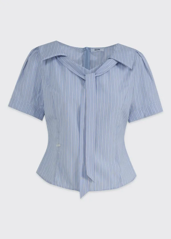  [44-120]  Reneedi Strip Tie Blouse  르네디 스트라이프 타이 블라우스 (여름-데일리룩-출근룩-블라우스-퍼프블라우스-반소매블라우스-스트라이프-스트랩블라우스-체형커버-빅사이즈-자체제작) 