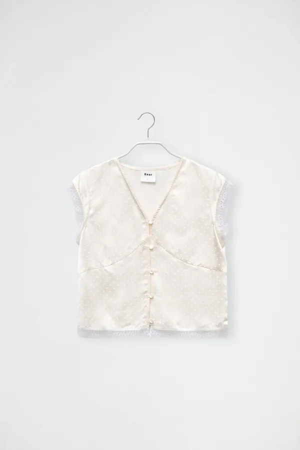 DOT SATIN V NECK BLOUSE - CREAM