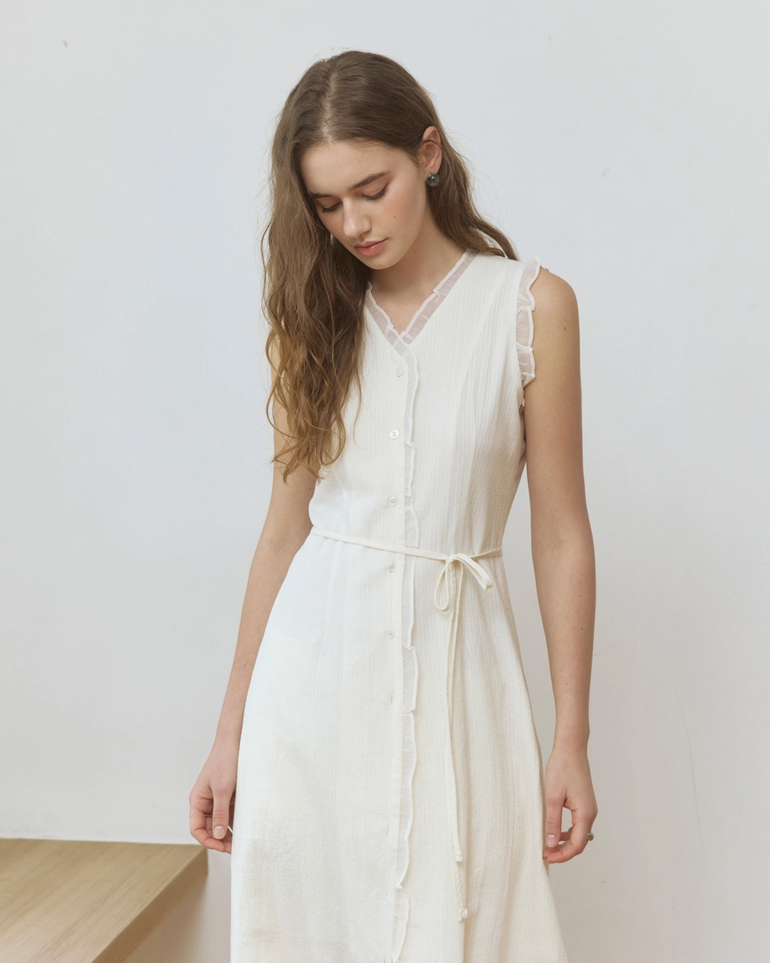 어다울 Lace frill line jacquard long dress - cream 상품 이미지 2