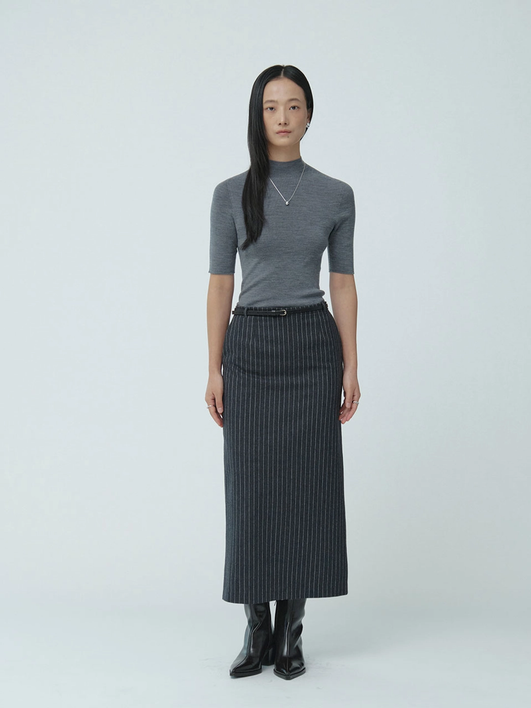 뮤제 [ESSENTIEL][Wool 100%] ELYSEE Half-Turtleneck Short-Sleeve Wholegarment Knit Top_Gray 상품 이미지 2