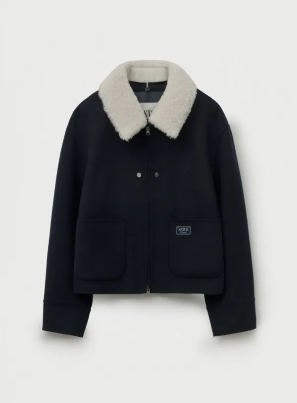 (W) Shearling Collar Wool Blend Jacket - Navy