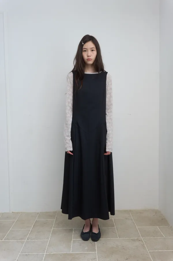 V PANEL SHIRRING DRESS_NAVY