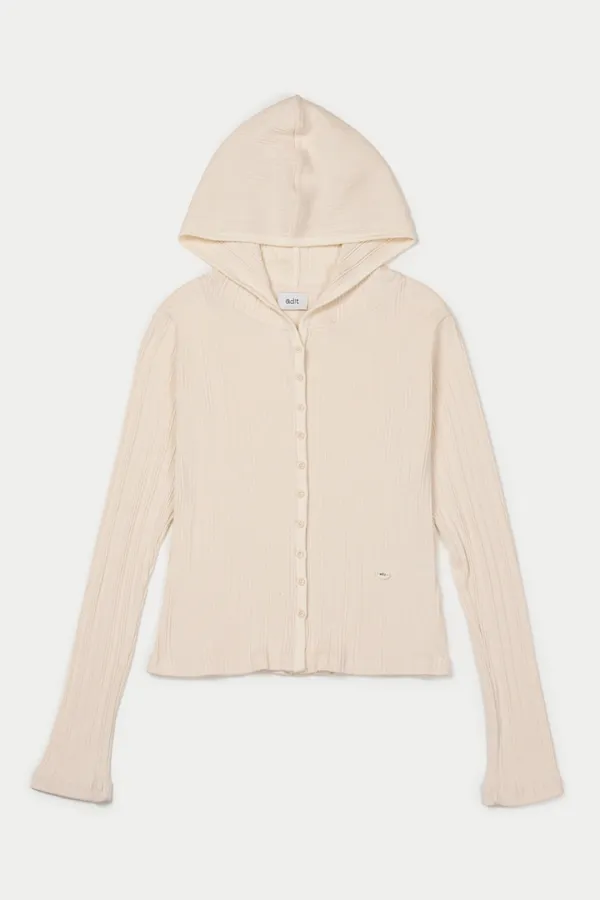 Hooded ribbed cardigan_natural cream