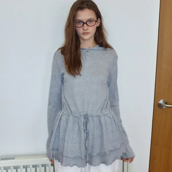 DRAWSTRING RUFFLE LAYERED LONG SLEEVE HOODIE DRESS GREY