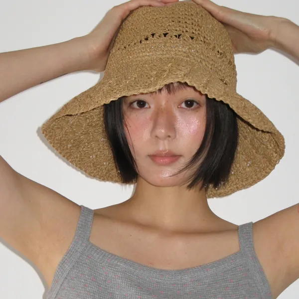 RAFFIA CROCHET FLOPPY HAT BEIGE