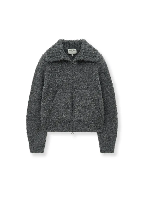 BOUCLE KNIT ZIP UP CARDIGAN IN CHARCOAL