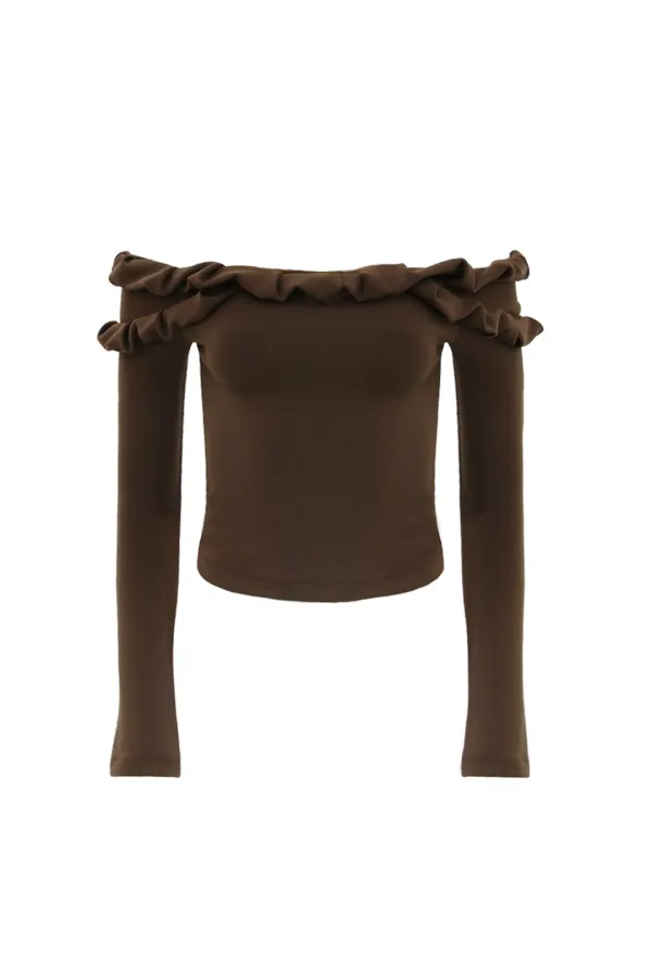 TWIST FRILL OFF-SHOULDER TOP BROWN