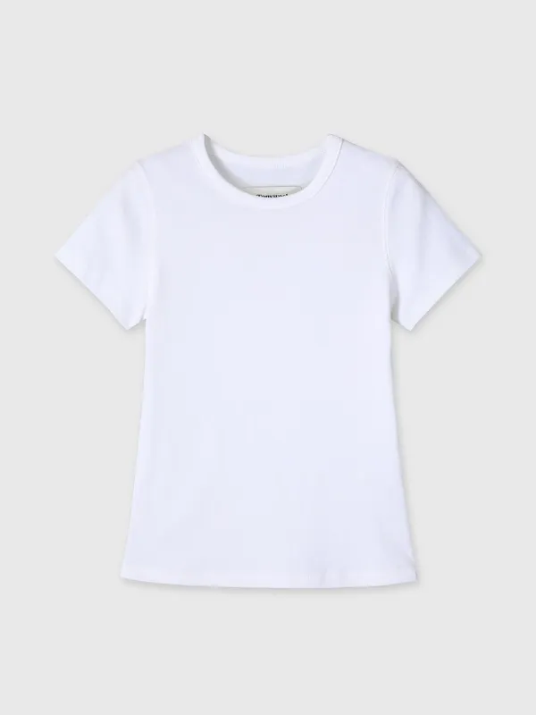 (W) RIBBED HALF SLEEVE T-SHIRTS_ WHITE
