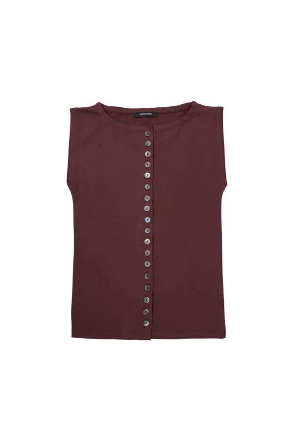 MOTHER OF PEARL BUTTON SLEEVELESS TOP (MAROON)