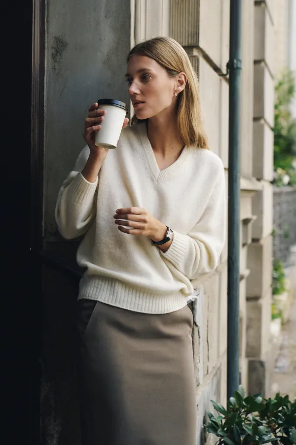 Wholegarment Baby Alpaca V-Neck Knit Top [LMBFWIKN2109]-Cream