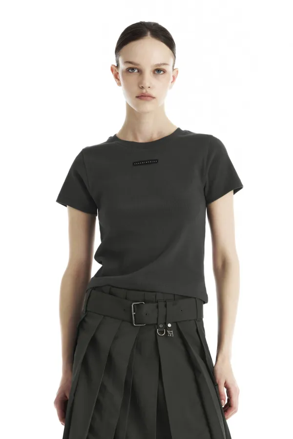 Slim-Fit Ribbed Short Sleeve T-Shirt [ Charcoal ]