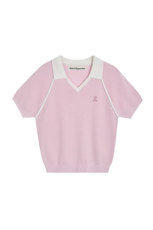 V-NECK COLLAR KNIT TOP - PINK