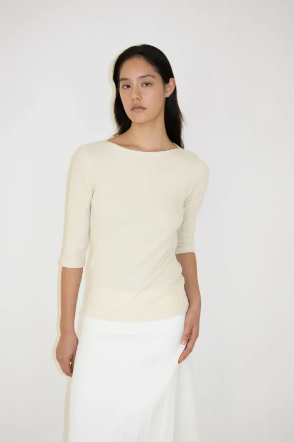 Ribbed Boat Neck Half Sleeve Top (Cream)
