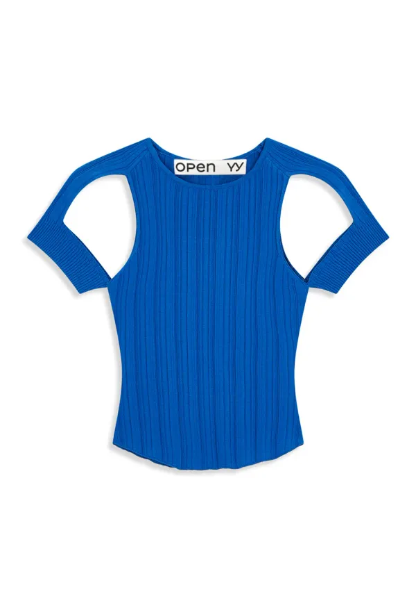 PLEATED CUT-OUT KNIT TOP, BLUE