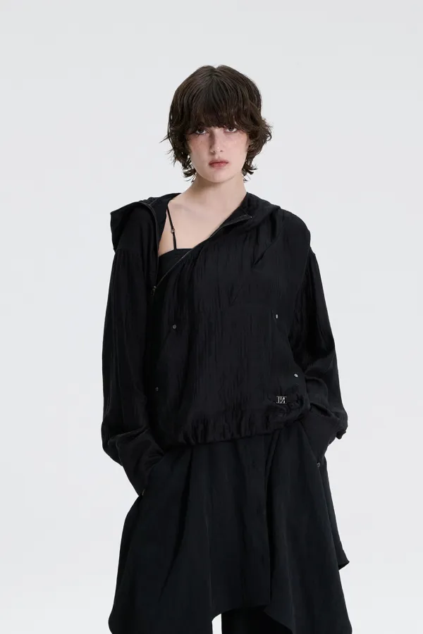 Crinkle Zipper Anorak [ Black ]