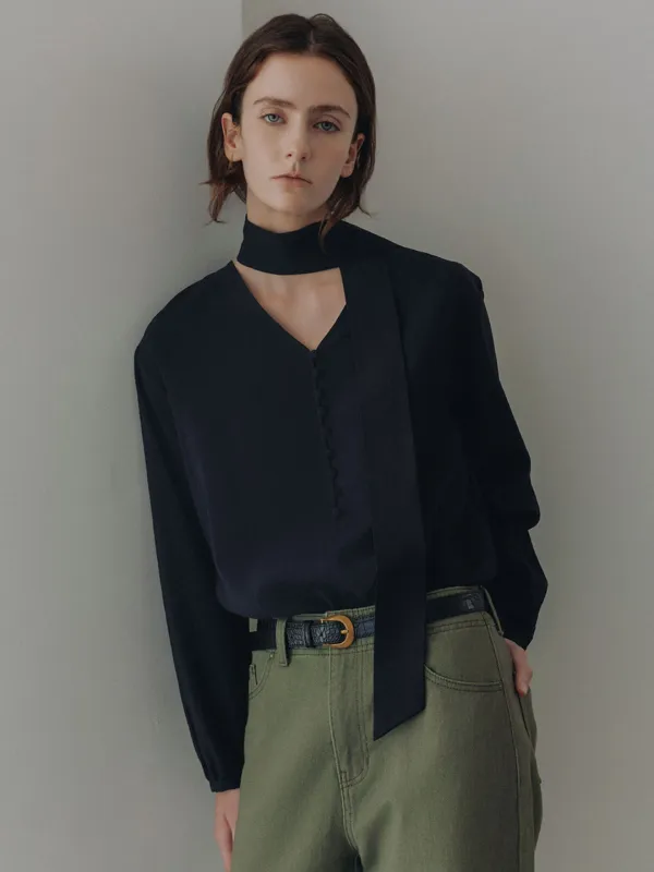 Button-Up Simple Tie Blouse SW6AB883_2color