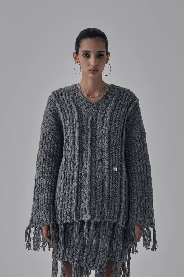 Wool Damage Tassel Knit Set-Up Pullover [ Gray ]