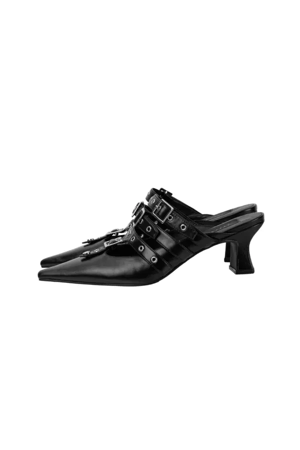 Eyelet Buckle Mules [ Black ]