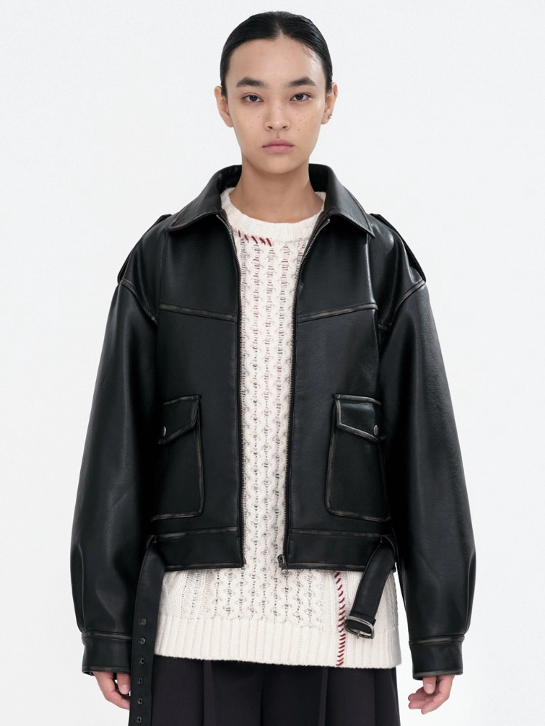 밀로 우먼 Belted Leather Jacket [Black] 상품 이미지 2