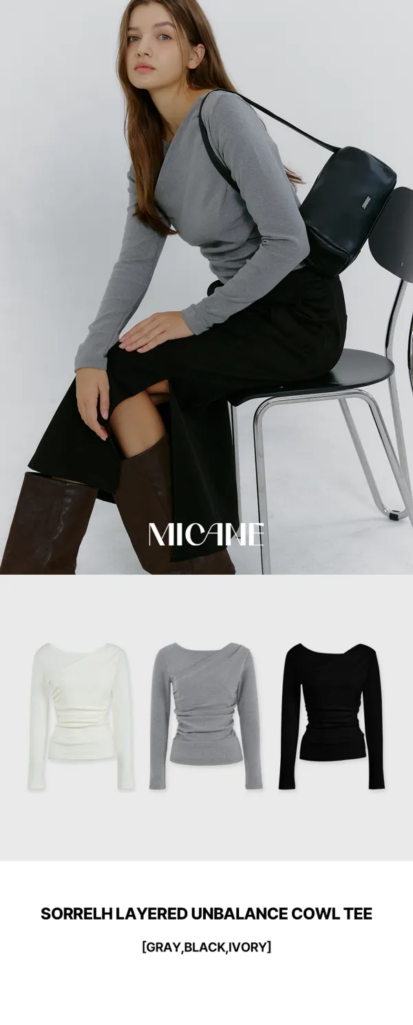 [44-120]  Sorrelh Layered Unbalance Cowl Tee  소렐 레이어드 언발란스 카울 티 (가을-봄-데일리룩-하객룩-출근룩-오피스룩-데이트룩-페미닌-격식룩-티셔츠-긴팔티셔츠-슬림핏-슬림티셔츠-셔링-자체제작)
