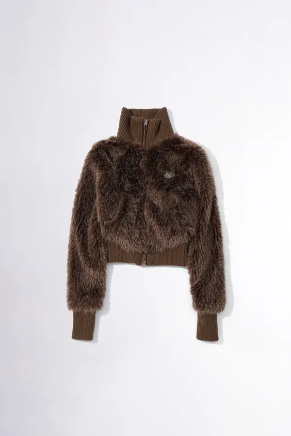 Faux Fur Zip-Up Jacket Brown