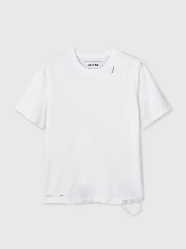 (W) HAND DISTRESSED VINTAGE COTTON T-SHIRT_ WHITE