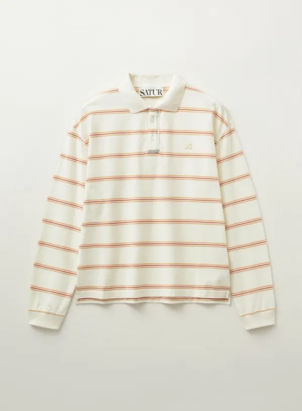 Stripe Pique Polo Long Sleeve - Ivory
