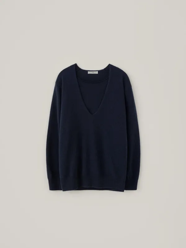 Deep V-Neck Knit Set - Navy