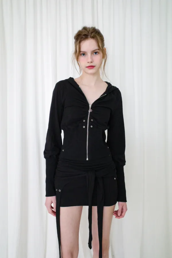 SHIRRING EYELET HOOD ZIPUP (BK)