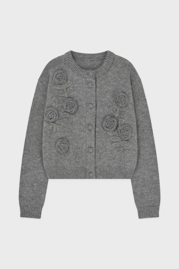 Rose Artwork Hairy Cardigan (Melange Grey)