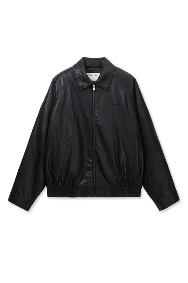 SMALL LOGO QUILTED FAUX LEATHER ZIP UP JUMPER IN BLACK
