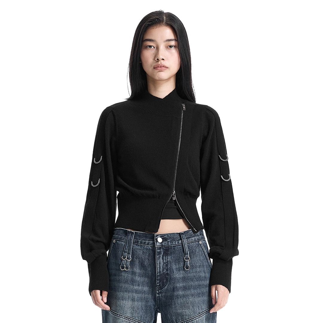 트리밍버드 Sleeve D-ring Diagonal Zip Cardigan [ Black ] 상품 이미지 1