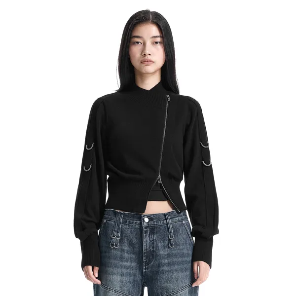 Sleeve D-ring Diagonal Zip Cardigan [ Black ]
