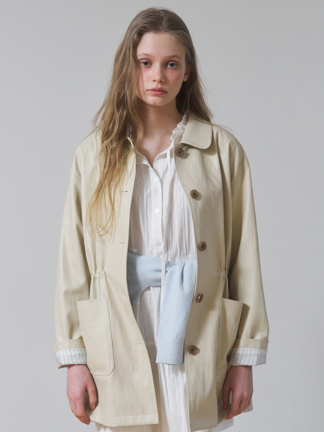 어몽 A ROUND COLLAR FAUX LEATHER JACKET_BEIGE 상품 이미지 1