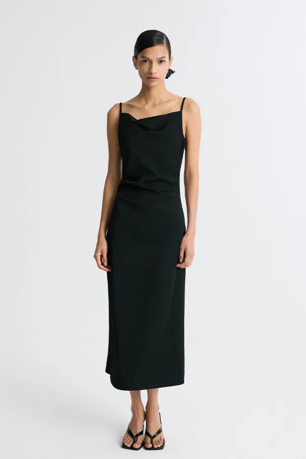 ZIP-HEM DRAPED MIDI DRESS BLACK