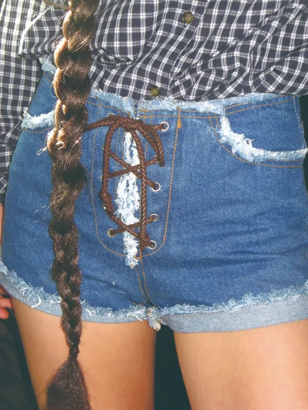 LACE-UP CUT OFF DENIM SHORTS_INDIGO BLUE