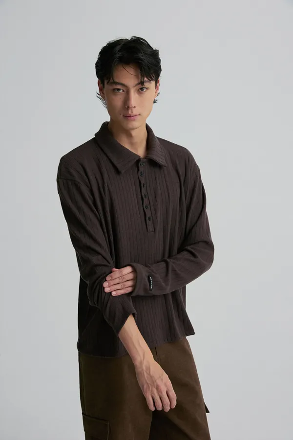 RIBBED BUTTON-PLACKET KNIT TOP COCOA BROWN