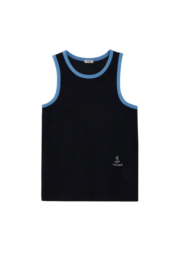 Mused Contrast Waffle Sleeveless - Navy