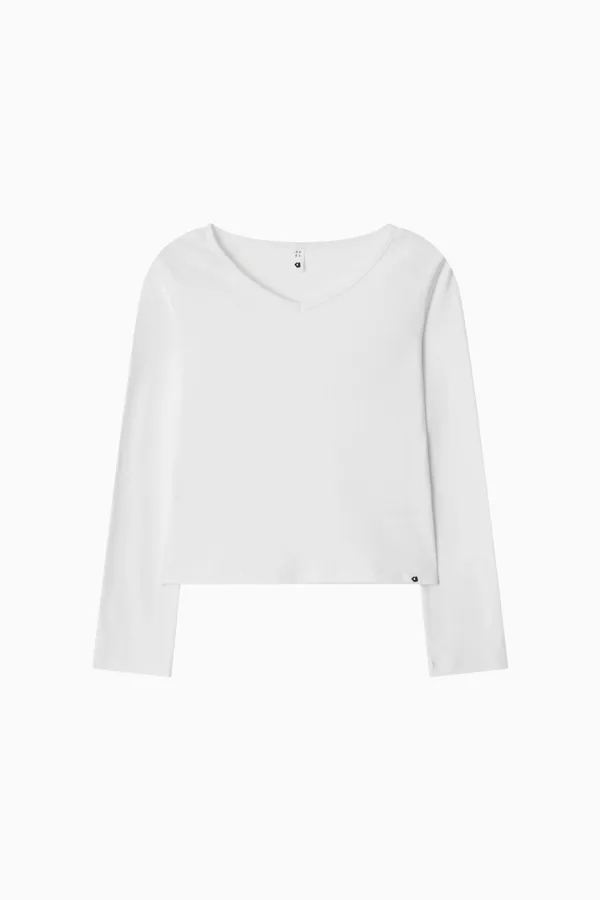 BASIC RIBBED V-NECK LONG SLEEVE, WHITE