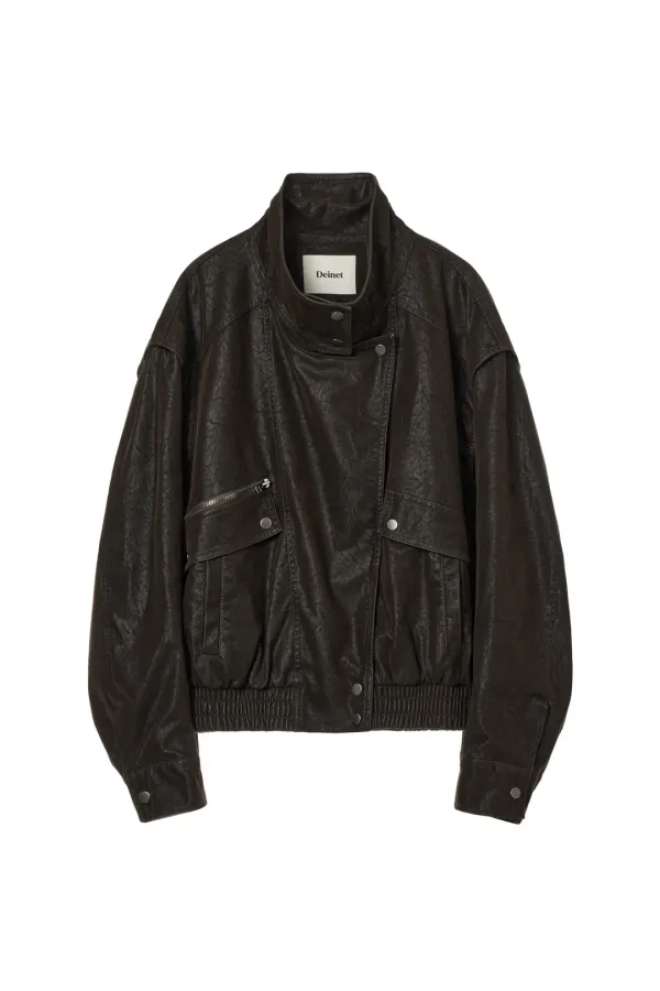 FAUX BOMBER LEATHER JACKET IN BROWN