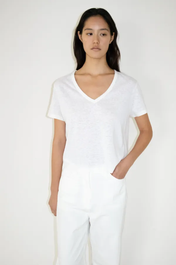 Linen Deep V-Neck T-shirt (White)