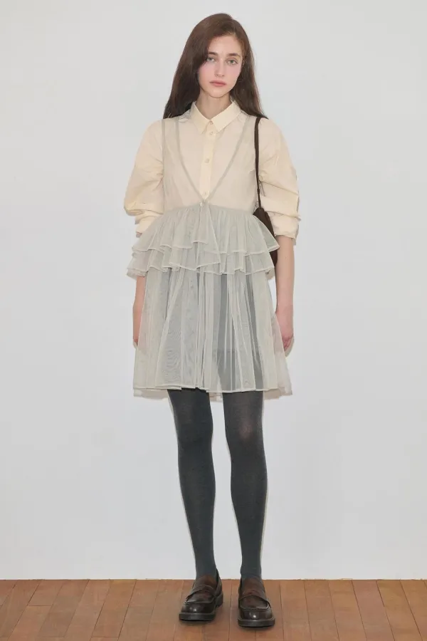 [권은비 착용] Tulle Midi Dress (Greyish Green)