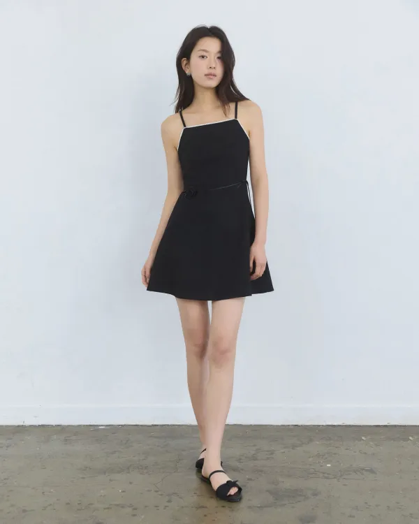 Lace taping mini dress - black