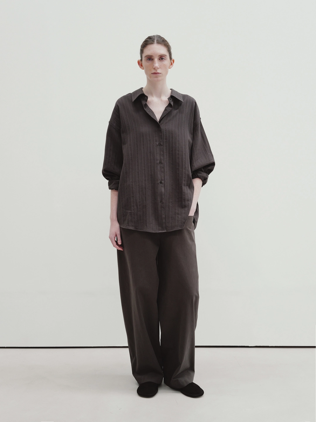 모이아 washed stripe shirt (smoke brown) 상품 이미지 1