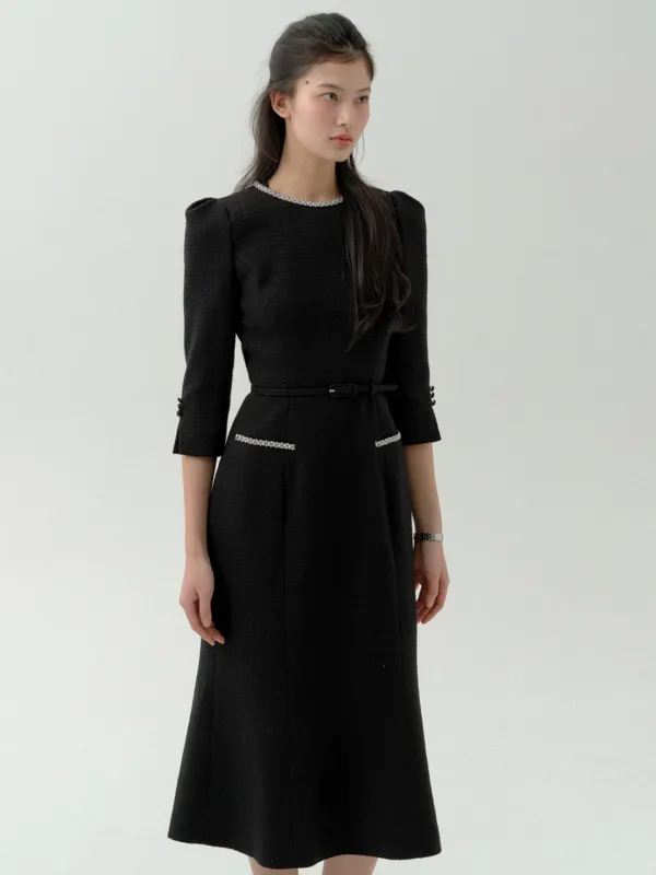 Trimming Bud Mermaid Three-Quarter Sleeve Dress(3Color)